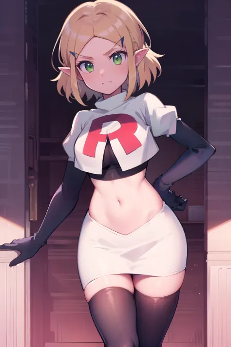 zelda, green eyes, short hair ,team rocket,team rocket uniform,white skirt,red letter r,crop top,black thigh-highs,black elbow g...