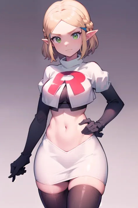 zelda, green eyes, short hair ,team rocket,team rocket uniform,white skirt,red letter r,crop top,black thigh-highs,black elbow g...