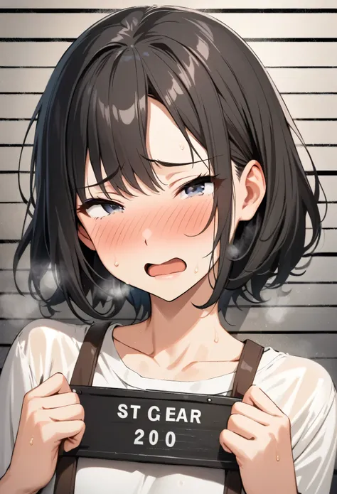 sfw, masterpiece, Best Quality, High resolution, detail hands, detail fingers, detail face, detail leg, (1girl, solo, detail girl, 20 years old girl), (black hair, short hair), (white shirt, mugshot), (front, portrait),  (embarrassed,blush:1.3), nsfw,(ecst...