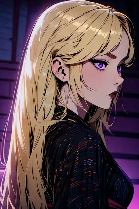 hyper-realistic of a mysterious woman with flowing blonde hair, piercing purple eyes,  backwards, looking back, upper body, (dark yukata), (dark lips)