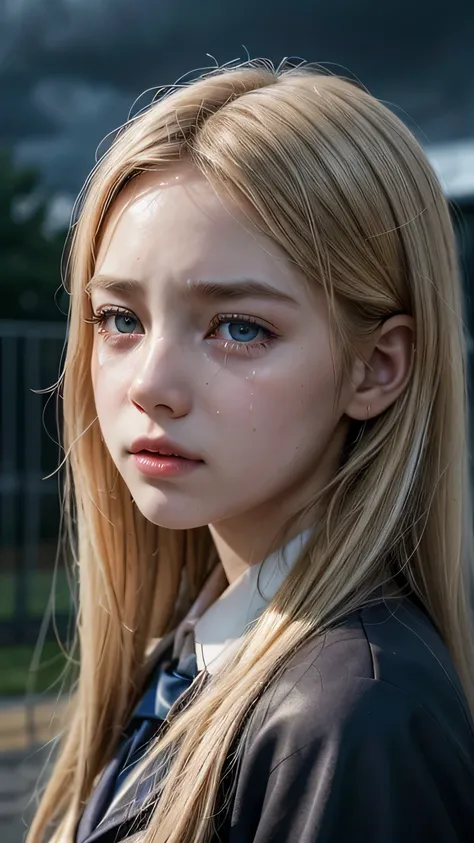 a  girl crying in the schoolyard, long blonde hair, extremely detailed eyes and face, longeyes lashes, beautiful detailed lips, emotional, school uniform, tears, rain, cloudy sky, gloomy atmosphere, photorealistic, cinematic lighting, muted color tones, ma...