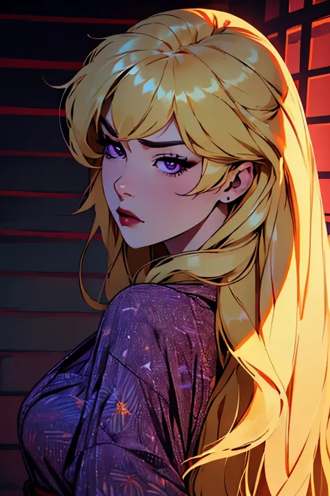 hyper-realistic of a mysterious woman with flowing light blonde hair, piercing purple eyes,  backwards, looking back, upper body, (red yukata), (dark lips), yang xiao long, young
