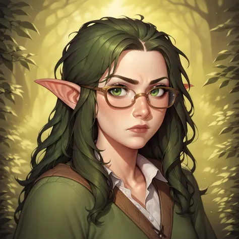 (((beautiful, high quality, comics style, detailed face))), score_9, score_8_up, score_7_up, BREAK, solo, nerdy, brunette hair, (young:1.4), cute nose, thin face, small boobs, (messy hair, long hair:1.2), green eyes, petite, pale skin, pointy ears, wizard ...