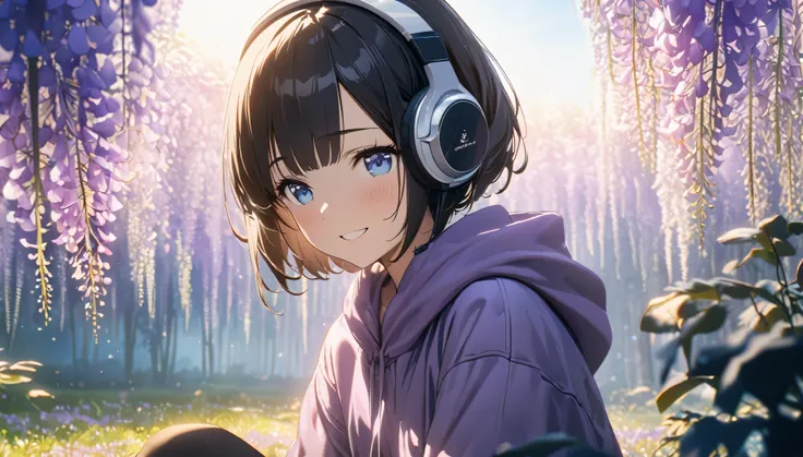 ((ultra-detailed))/(one women with short black hair and bob hair.、beautiful blue eyes,.、smile、gentle smile on her face、flat chest, one Beautiful girl,((masterpiece, illustration, best quality) ((ultra-detailed))/)Masterpiece,wearing headphones and sitting ...