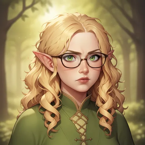 (((beautiful, high quality, comics style, detailed face))), score_9, score_8_up, score_7_up, BREAK, solo, nerdy, blonde hair, (young:1.4), cute nose, thin face, small boobs, (frizzy hair:1.4, messy hair, long hair:1.2), green eyes, petite, pale skin, point...