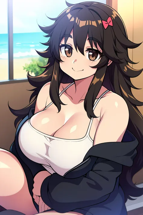 chubby big breasts black hair brown eyes happy long messy hair smile derdere white leotardo