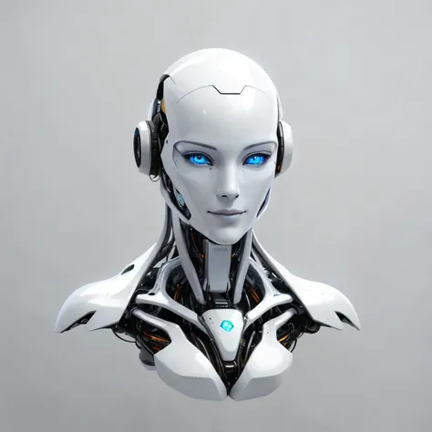 The head of an artificial intelligence robot, with an intelligent expression, suddenly looks at the camera and gives a slight smile, at the same time that the background is colored with psychedelic lights and a neon sign appears that says "AI AGENT"