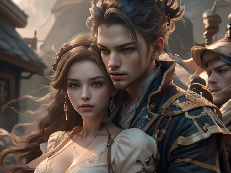 (Best Quality, Super Detail, Masterpiece, Representative Work, Official Art, Professional, Super Fine Detail, 8k:1.3), (Photorealism:1.2), (Couple, Beautiful Girl and Boy), Pirate beauty and handsome man Pirate, Handsome guy hugs beautiful girl from behind...