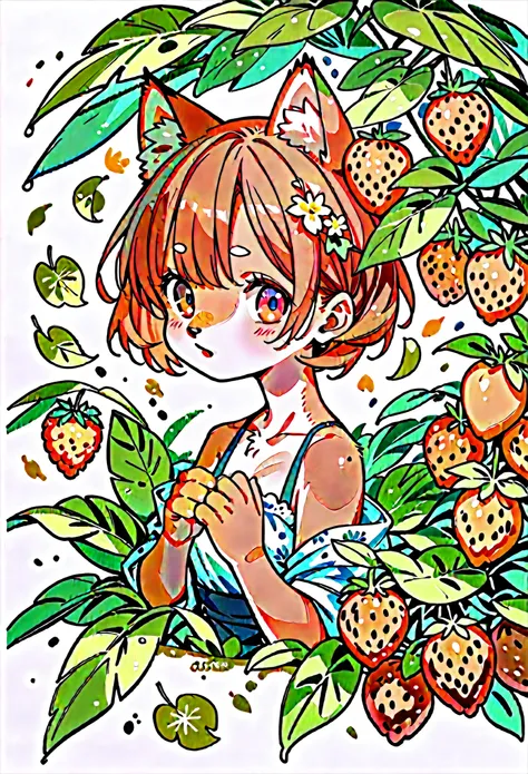 score_9, score_8_up, score_7_up, score_6_up, score_5_up, score_4_up, hires, watercolor texture)cover page, highres, absurdres, super high resolution, detailed background, perfect anatomy(1girl, kemono, furry, short hair, cute)(beautiful flowers, berries, f...