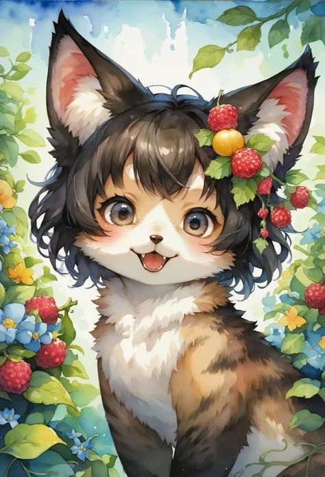 score_9, score_8_up, score_7_up, score_6_up, score_5_up, score_4_up, hires, watercolor texture)cover page, highres, absurdres, super high resolution, detailed background, perfect anatomy(1girl, kemono, furry, short hair, cute)(beautiful flowers, berries, f...