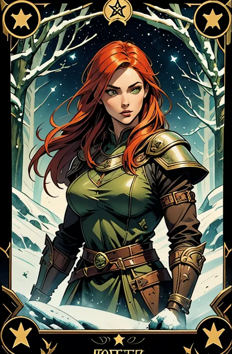 [Style comic ink, black ink on parchment ] tarot card, Sprinter girl in medieval green hunter garb, leather, high detail, large spear , hot , face redhead kristanna loken , in a winter wood with snow, , night, countless stars, extremely high detail 