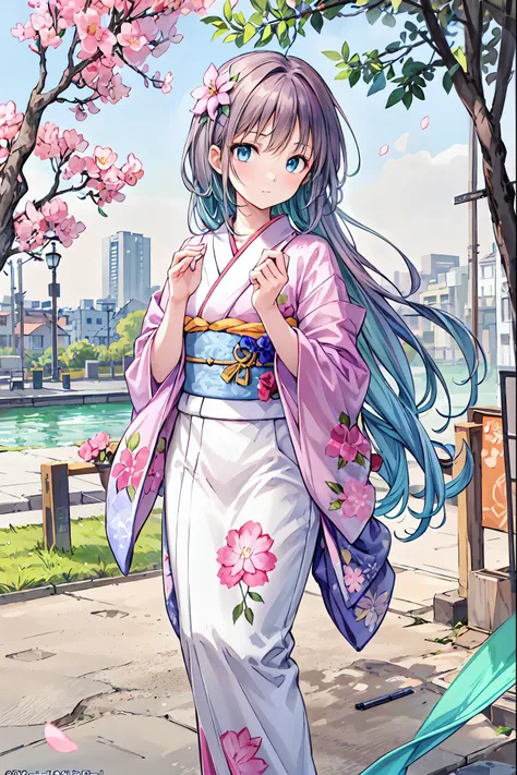 masterpiece, Best Quality,   Highly Detailed CG Unity 8k Wallpaper ,  anime screenshot, Female anime character art wearing neon colored floral kimono. She is wearing a purple glowing neon floral kimono. This scene with long flowing hair has a nice  Soft Fo...