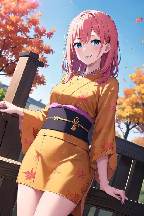 1girl,Samus aran,solo,blue eyes, pink hair, forehead hair, Red  maple leaf pattern kimono, Gold  obi, Deep green obiage and obijime, Gold  zori, Maple leaf motif hairpin,cowboy shot,blush,,Science fiction,ultra-detailed,sharp focus,aesthetic,(best quality)...