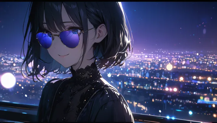 one girl,black hair and bob hair、beautiful blue eyes、smile、gentle smile on her face、flat chest, one Beautiful girl,((masterpiece, illustration, best quality) ((ultra-detailed)), a girl wearing sunglasses (sunglasses), Behind is the cityscape in the evening...