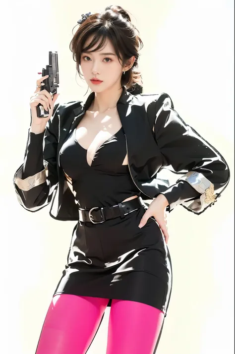 (((best quality))),(((ultra detailed))),(((masterpiece))),illustration,1 girl,holding a pistol,short hair,black blazer,black dress,pink pantyhose