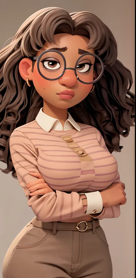 curly brown and gray hair, glasses with round frames, dark eyebrows, brown eyes, pink lips,slight frown, brown skin, nude, huge breasts, 