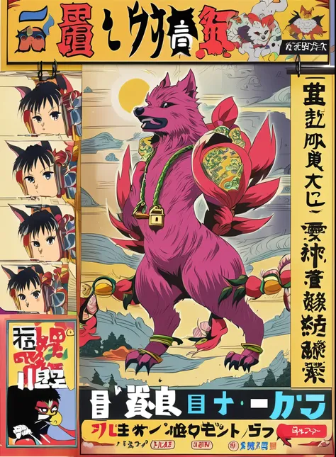 dog、Japanese style, Mythical Beasts, Game Characters,whole body,With effect , with effects, hang the 、Shimenawa,Illustration of a padlock being lowered from the neck, Anime Style,  character design ,  Japanese illustration style , Overlooking,  poster and ...