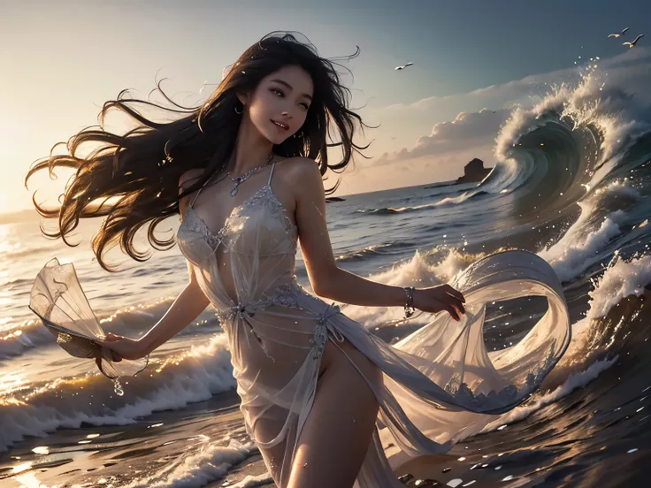 Highest quality, Realistic, Photo Realistic, Award-winning photography, (Intricate details), (Subtle details), (Intricate details), (Cinematic Light), 

((Body tossed by the waves)), 
(A girl being swept away by the waves at the beach), 
Wave Splash, 
lyin...