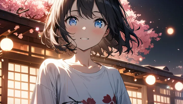 1girl, solo, blue eyes, (detailed eyes), flat chest, blue eyes, (detailed eyes), gentle smile on her face, short hair, black hair, ((white t-shirt)), simple t-shirt, black skirt, black socks, upper body, ((masterpiece, illustration, best quality)) during n...