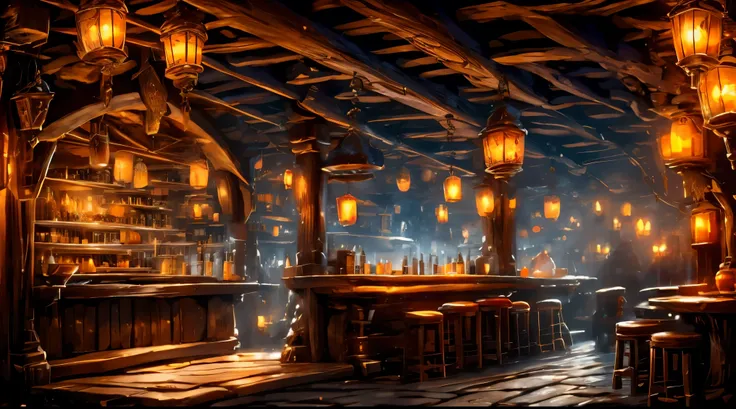 a grand fantasy tavern with wooden beams and stone walls, dimly lit by glowing lanterns hanging from the ceiling. the bar is mad...