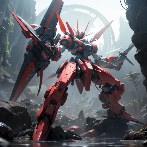  Futuristic mecha-style vortex quadcopter drone with a giant red eye, against a backdrop of wet rocks and vegetative mucus .