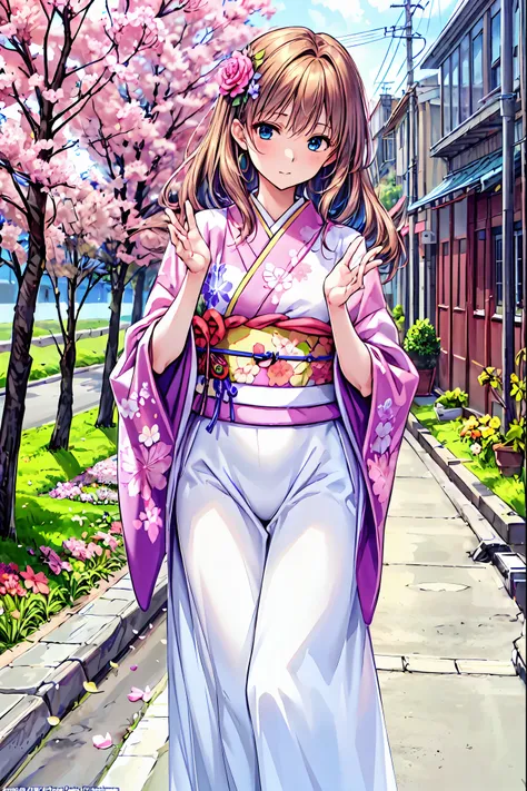 masterpiece, Best Quality,   Highly Detailed CG Unity 8k Wallpaper ,  anime screenshot, Female anime character art wearing neon colored floral kimono. She is wearing a purple glowing neon floral kimono. This scene with long flowing hair has a nice  Soft Fo...