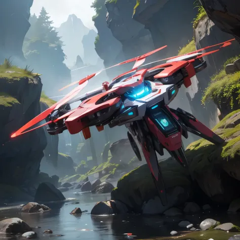 Futuristic Mecha Style Vortex Laser Quadcopter Drone, against a backdrop of wet rocks and vegetative mucus .