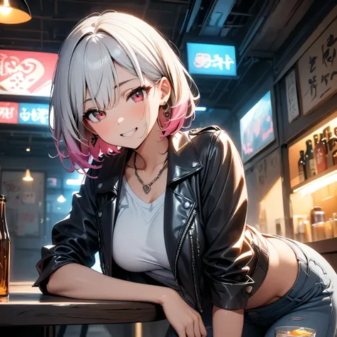 (high quality, 8k, 4K,   high contrast  , masterpiece:1.2, 最high quality, Best aesthetics),woman, leather jacket and gray distressed jeans,  high contrast  , Izakaya,  Contrasting colors  ,Orange lighting , white hair, [(gradient hair from pink to white:1....