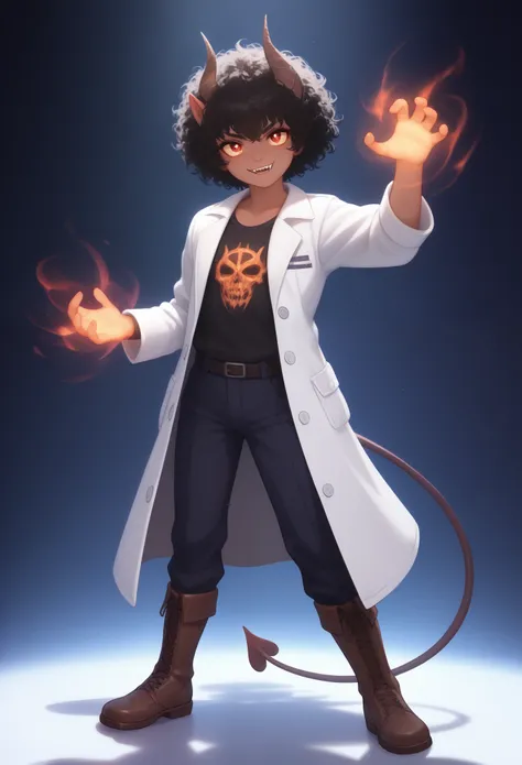 young male, demon male, dark brown skin, short afro, vampiric fangs, sharp demon horns, long tail, spade tipped tail, red eyes, orange sclera, delicate white lab coat, black t-shirt, brown boots, gentle smile, standing pose, full body, dark fantasy, detail...