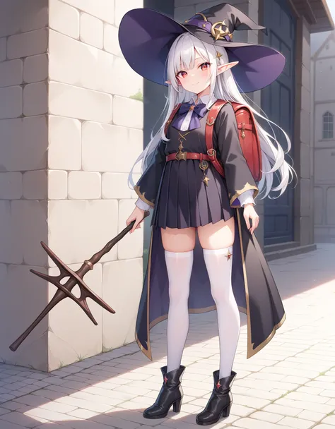 masterpiece, hd, 2d, top-quality, full body, witch's hat, belt to hat, white hair, long hair, smooth straight hair,elf, pointed ...