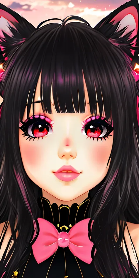 Pink moon, Pink sky, soft pink clouds, pink ocean waves sparkling, sparkling,  pink roses in the pink ocean, fancy, diamante, corona, universe, Soft lights, 1chica junkotvv ((black air, cat ears, red eyes.)), ( black hair )