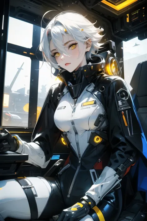 Women with very short white hair, in a black futuristic pilot suit, piercing high detailed yellow eyes, sitting in a spacecraft pilot seat, space is visible through the window.