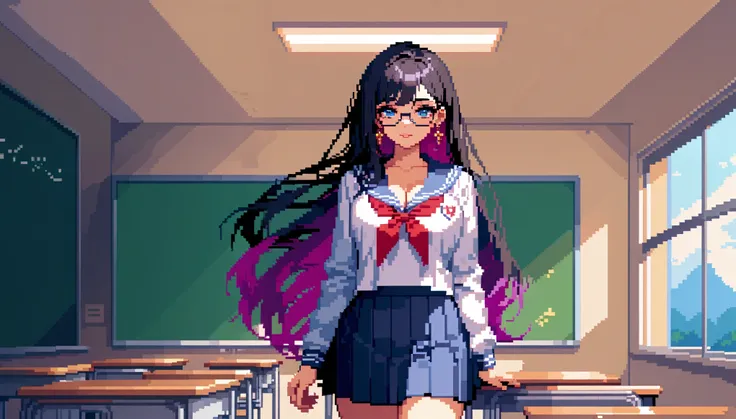 (Best Quality:1.2,  very detailed,  pixel art:1.2,  high contrast , masterpiece:1.2), ((( 1 girl))), Beautiful woman, Glasses, Glossy lips, Rouge, ( cowboy shot:1.2, Front View), Obscene, Foster a sense of inferiority, Lewd Eyes, A face filled with lust, ((Schoolgirl), Black Hair,  straight long hair , Purple gradient hair, blue eyes,  earrings,  white shirt, Show me your cleavage), School classroom, Sailor suit,  pleated skirt, Professionalism, Bright colors, The right perspective.