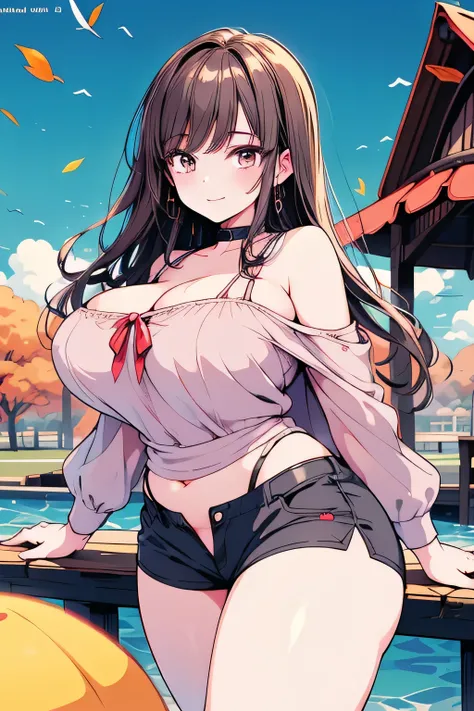 anime illustration、 high resolution 、a sad smile、a short, busty, chubby gal、autumn park、shaded gazebo、wet and sheer off-shoulder...