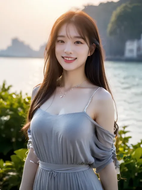 top-quality。８K-Picture。超A high resolution。foco nítido。Long straight hair。perfect body and face。Crisp double eyelids。Colossal 。thin waist。Slender beauty overall。8-headed body with long legs。Wearing a long dress with wide open chests。One hanger loop is detac...