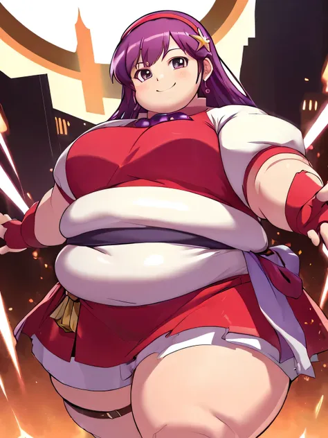 ((masterpiece,best quality)), absurdres,
obese athena_asamiya, fat body
solo, smiling, looking at viewer, cowboy shot, 
cinemati...