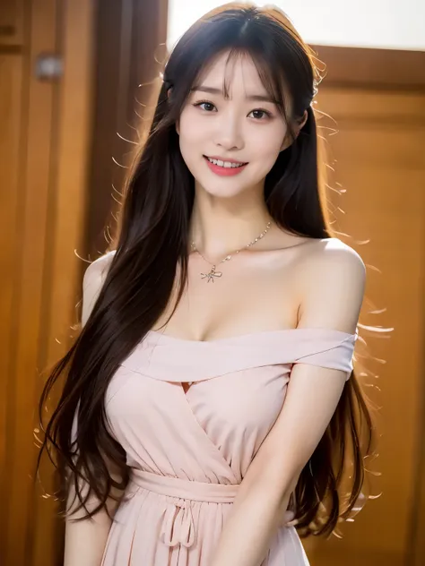 top-quality。８K-Picture。超A high resolution。foco nítido。Long straight hair。perfect body and face。Crisp double eyelids。Colossal 。thin waist。Slender beauty overall。8-headed body with long legs。Wearing a long dress with wide open chests。One hanger loop is detac...