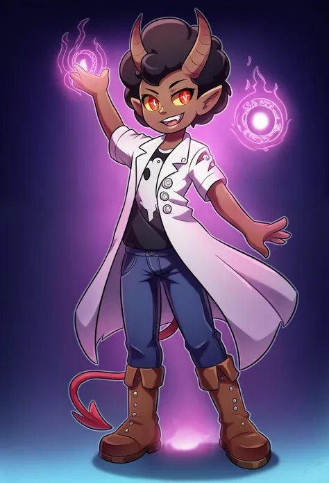 young male, demon, dark brown skin, short afro hair, elf ears, sharp ears, vampiric fangs, sharp horns, long tail, spade tipped tail, red eyes, orange sclera, delicate lab coat, white lab coat, black t-shirt, dark blue jeans, brown boots, gentle smile, sta...