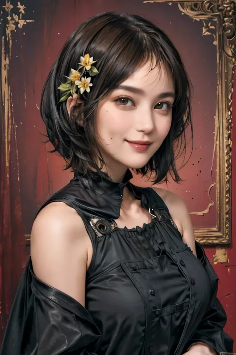 307 (20-year-old woman, Wearing dark clothing), ( Super Real), (High-quality images), (( short hair:1.46)), (A kind smile), (Big Breasts:1.2), (Da Vinci ), (Floral), (darkroom)