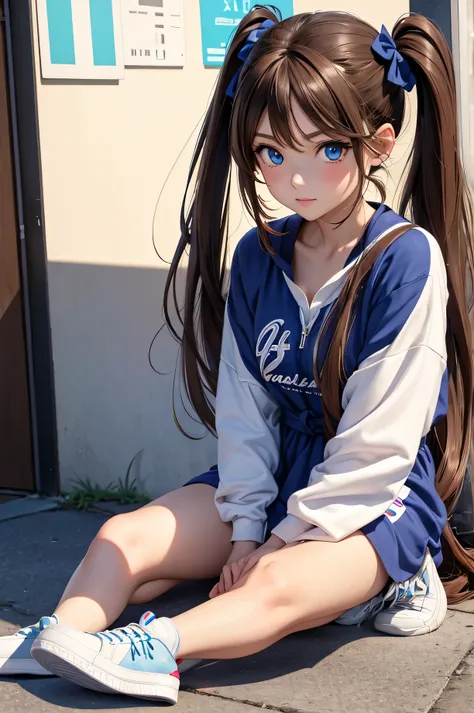 8K HD anime girl with long brown hair and blue eyes, face close-up，Tie a pair of ponytails，Dress casual，wearing sneakers，quite beautiful