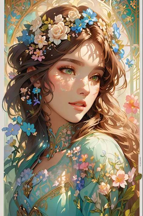 a close up of a woman with flowers in her hair, beautiful digital illustration, beautiful fantasy art portrait, exquisite digital illustration, beautiful fantasy portrait, beautiful gorgeous digital art, a beautiful artwork illustration, stunning digital i...