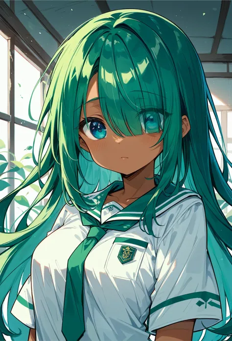 Eyes visible through hair / bangs,( hair over one eye),、blue eyes,(Tanned little cute girl),,((Student Uniform、 Miniskirt )),Green long hair,(chest)