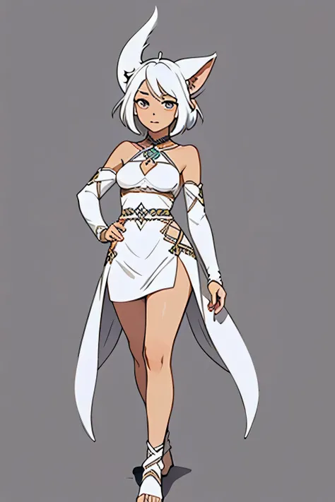 Full body image of a short Elven woman with tanned skin and a short white tribal style dress. Small breasts. White hair, very big and large furry ears. Some simple white tattoos decorate her skin.