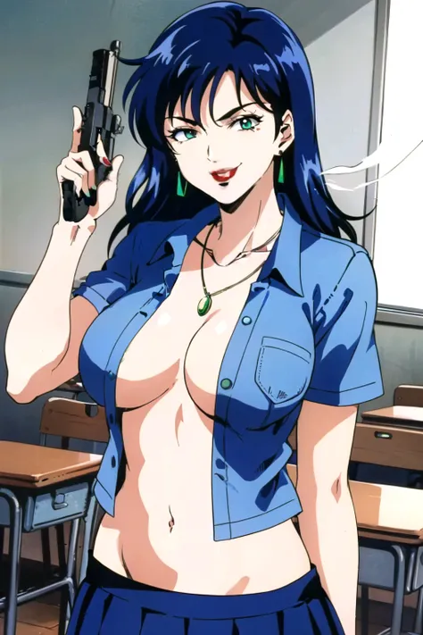 1girl,,retro artstyle,1990s (style),shan,blue hair,green eyes,lipstick,long hair,earrings,makeup, evil grin,, long hair, earrings, red lips, large breasts, ear piercing, long hair, blush, lipstick,Hot girl, baddie, smoking, sensual, attractive , masterpiec...