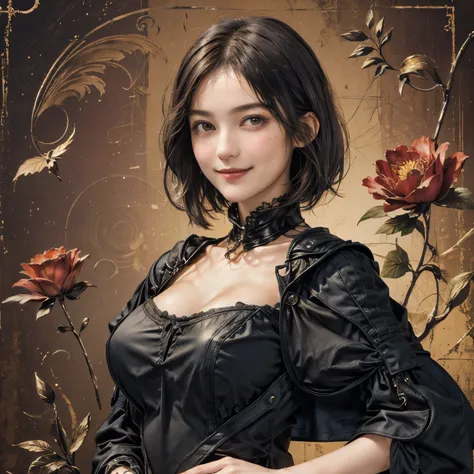 307 (20-year-old woman, Wearing dark clothing), ( Super Real), (High-quality images), (( short hair:1.46)), (A kind smile), (Big Breasts:1.2), (Da Vinci ), (Floral), (darkroom)