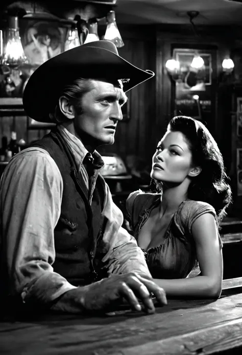  Crazy Man and Woman Sitting in a Western-style Bar, [ Western Movie  ], Western Movie ,   style Clint Eastwood movie  ,  old west ,  Vintage Cinematography , TV stills,  Old Movie Scene , 1 9 4 2, by Harvey Pratt, 1942, , 1948, 1951