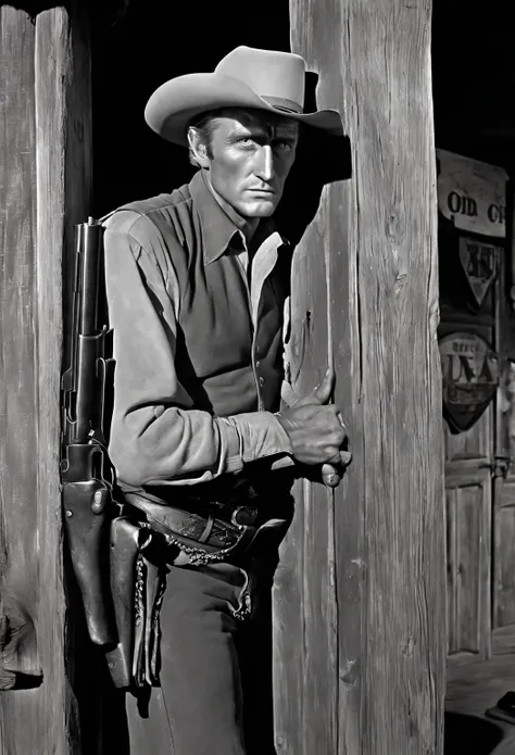  crazy man wearing a cowboy hat leaning against a wooden door, western Gunman, [ Western Movie  ], John Wayne,  squinting at midday , Old West, the Gunman,  old west , Jiro , Western Movie , style jean Jiro , Gunman, Jiro !!, Jiro !, by Roy Dalgarno, in th...