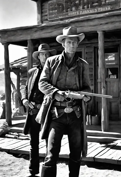 cowboy in front of a building with a gun in their hands, [ western film ], western film,   style clint eastwood movie  , old wes...