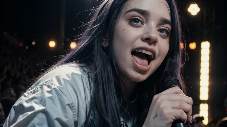  Billie Eilish singing and screaming, Background show , many people.