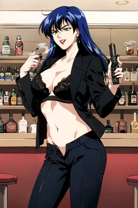 1girl,,retro artstyle,1990s (style),shan,blue hair,green eyes,lipstick,long hair,earrings,makeup, evil grin,, long hair, earrings, red lips, large breasts, ear piercing, long hair, blush, lipstick,Hot girl, baddie, smoking, sensual, attractive , bar backgr...